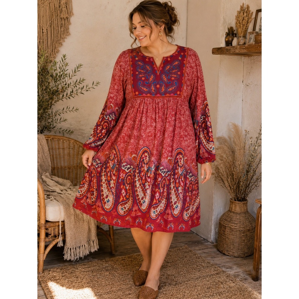 455. Boho Womens XL Red Paisley Embroidered V-Neck Boho Tunic Mini Dress